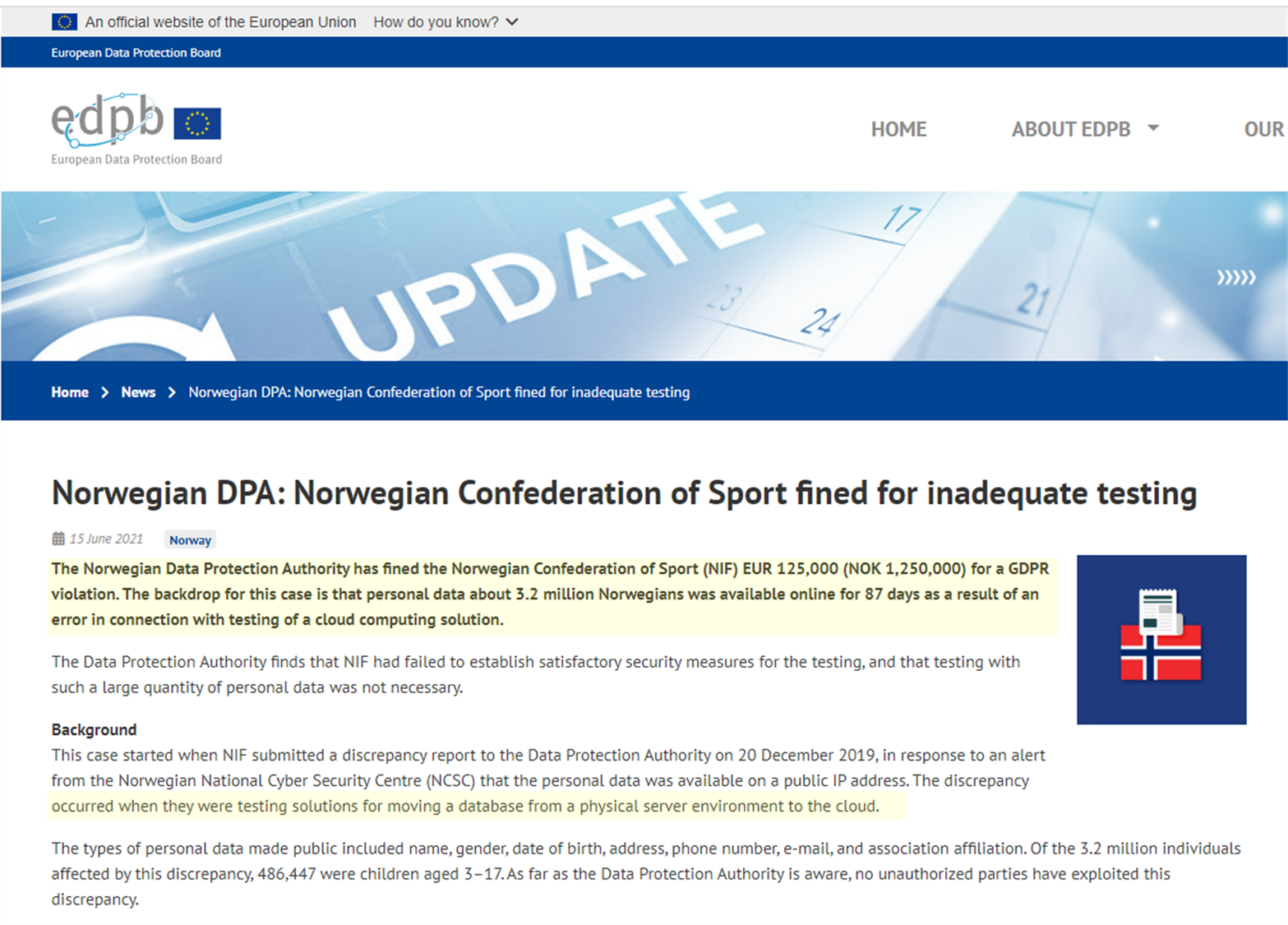 DPA Fine Norwegian Sports Agency